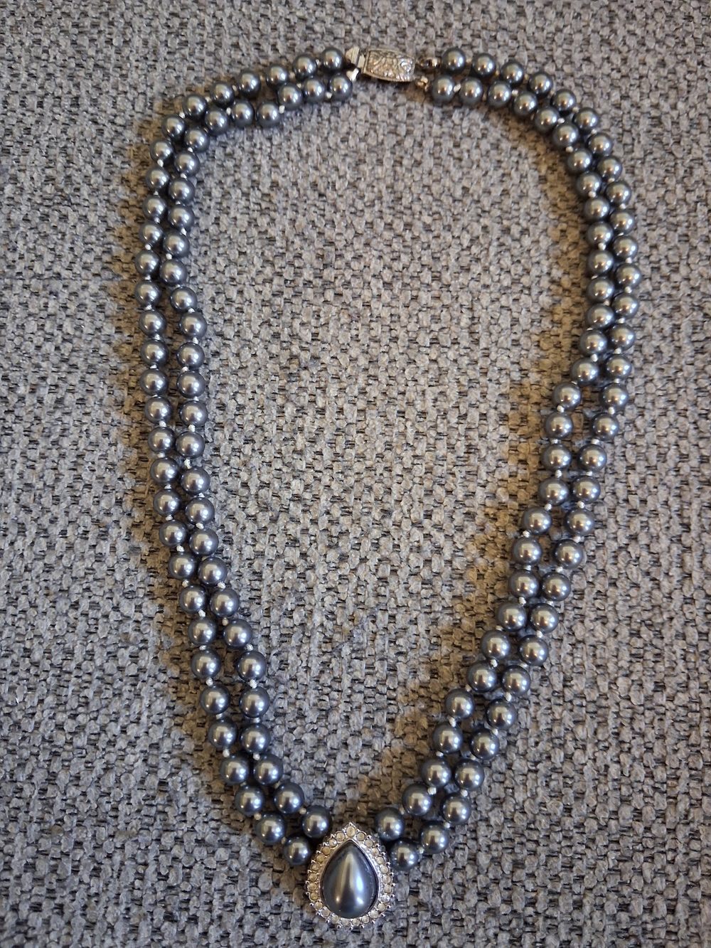 Double Strand Gray Faux Pearl Necklace with Teardrop Pendant